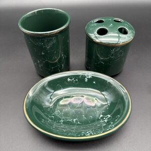 Green Marble‎ Soap Dish Tumbler Toothbrush Holder Bathroom Set Vintage Gold Rim